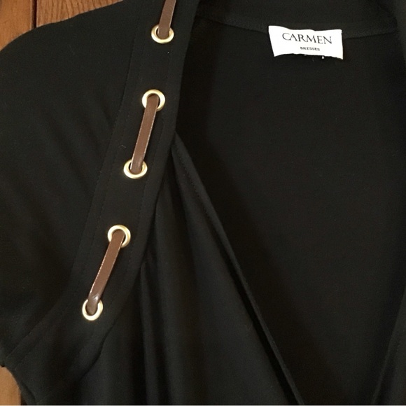 Carmen Marc Valvo Black Ruched Faux Wrap Dress - Picture 5 of 8